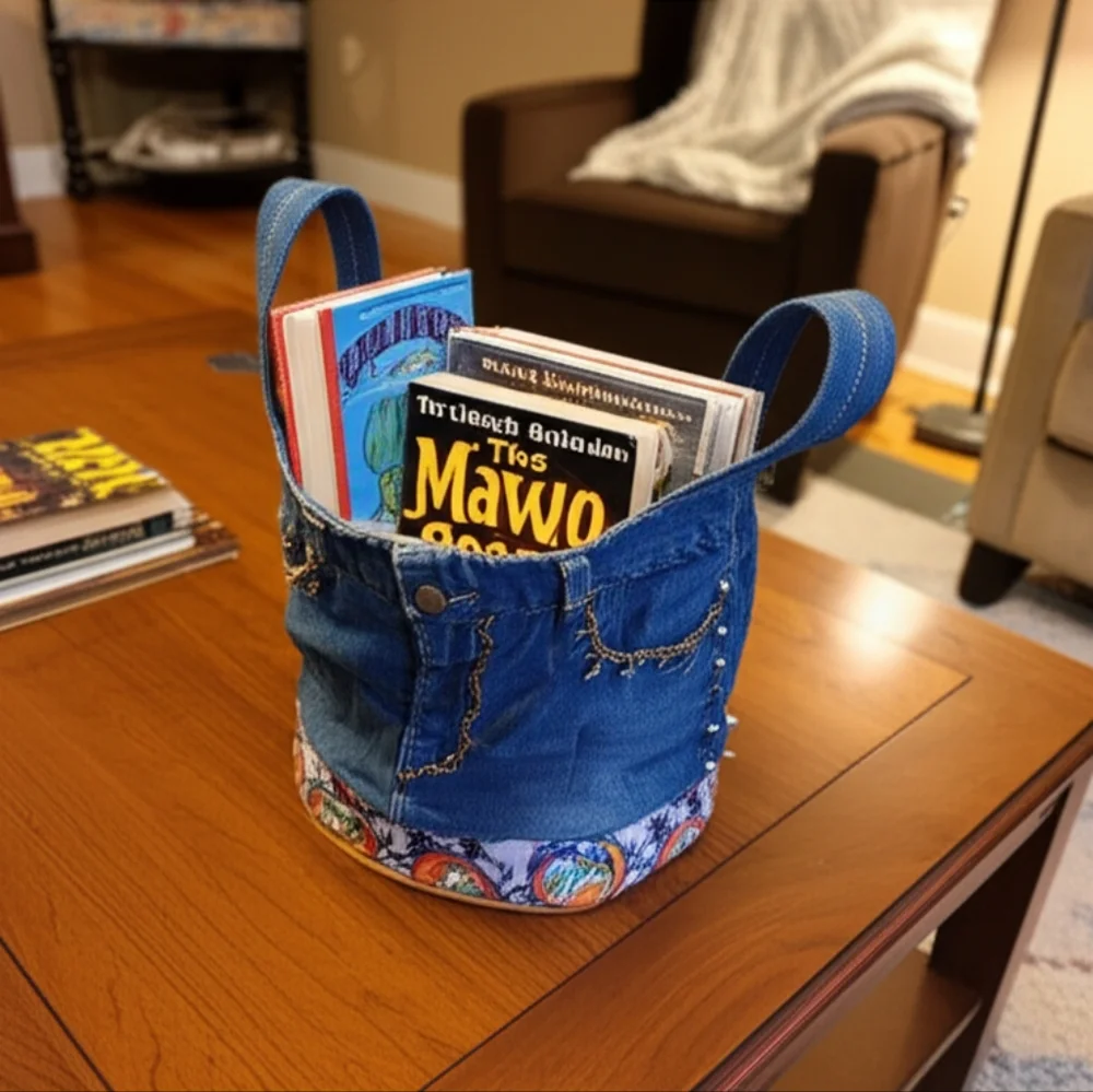 Upcycled Hand Craftef Greatful Dead Denim Blue Jeans Storage Basket Tote